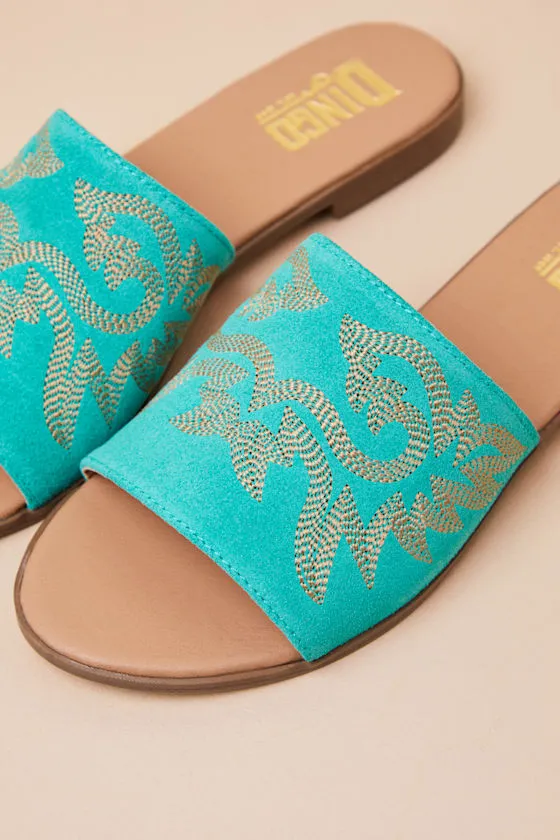 Lasso Green Suede Leather Embroidered Slide Sandals sold by Lulus product image thumbnail 3