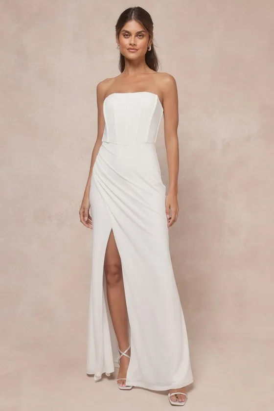 Beautiful Grace White Mesh Strapless Bustier Tulip Maxi Dress sold by Lulus