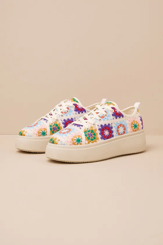 Rambling Pink Multi Crochet Platform Sneakers sold by Lulus