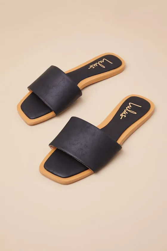 Brenner Black Flat Square-Toe Slide Sandals sold by Lulus