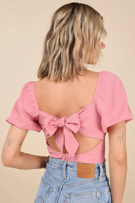 Abundance of Love Pink Textured Puff Sleeve Tie-Back Bodysuit sold by Lulus product image thumbnail 2