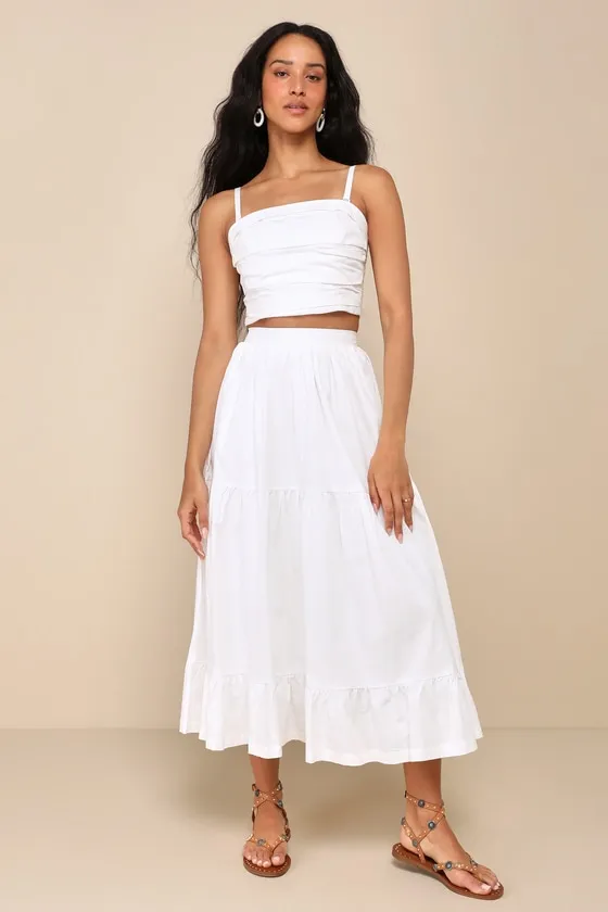 Daytime Perfection White Cotton Tiered Midi Skirt sold by Lulus