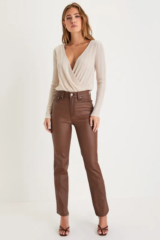 Sundaze Brown Coated Vegan Leather High-Rise Straight-Leg Pants sold by Lulus