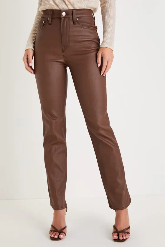 Sundaze Brown Coated Vegan Leather High-Rise Straight-Leg Pants sold by Lulus product image thumbnail 2
