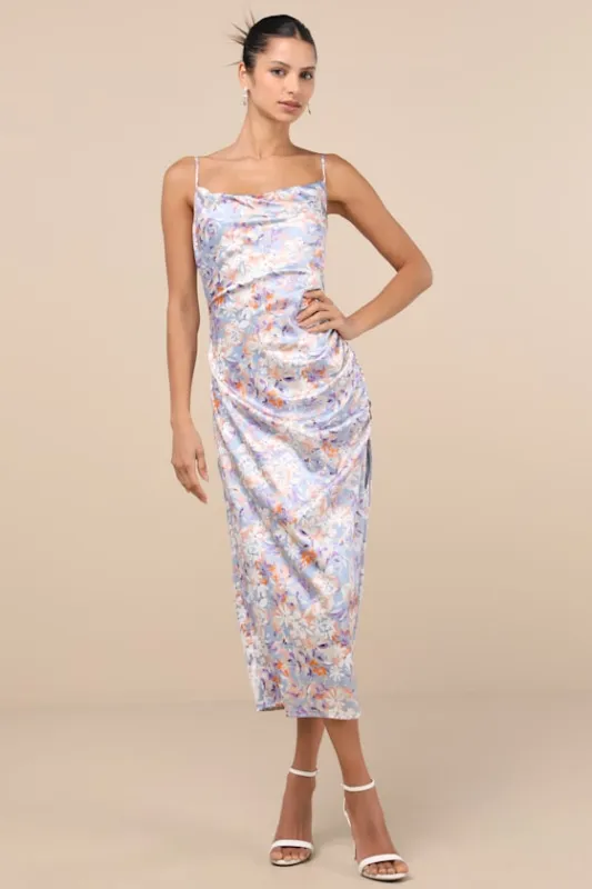 Truest Romance Slate Floral Print Sleeveless Ruched Midi Dress sold by Lulus