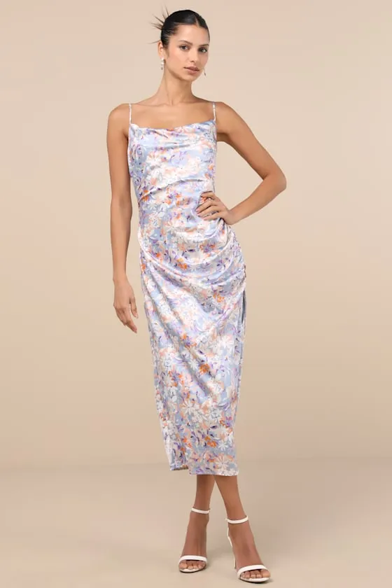 Truest Romance Slate Floral Print Sleeveless Ruched Midi Dress sold by Lulus