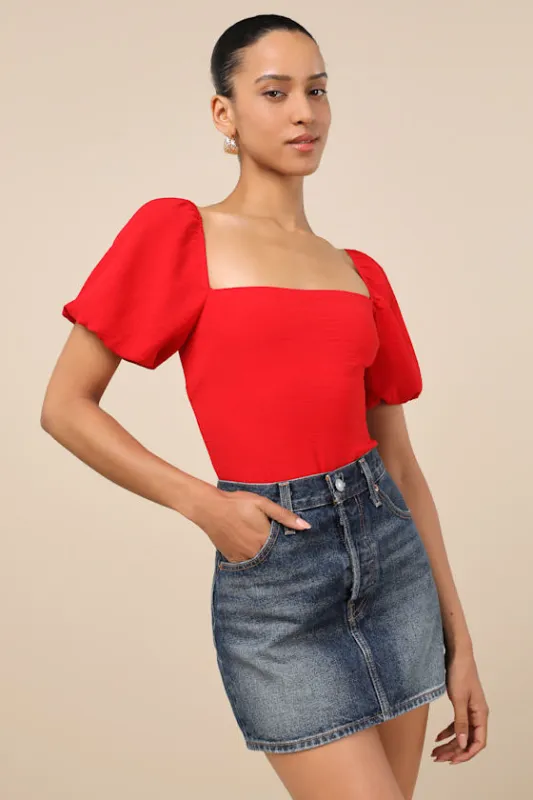 Abundance of Love Red Textured Puff Sleeve Tie-Back Bodysuit sold by Lulus