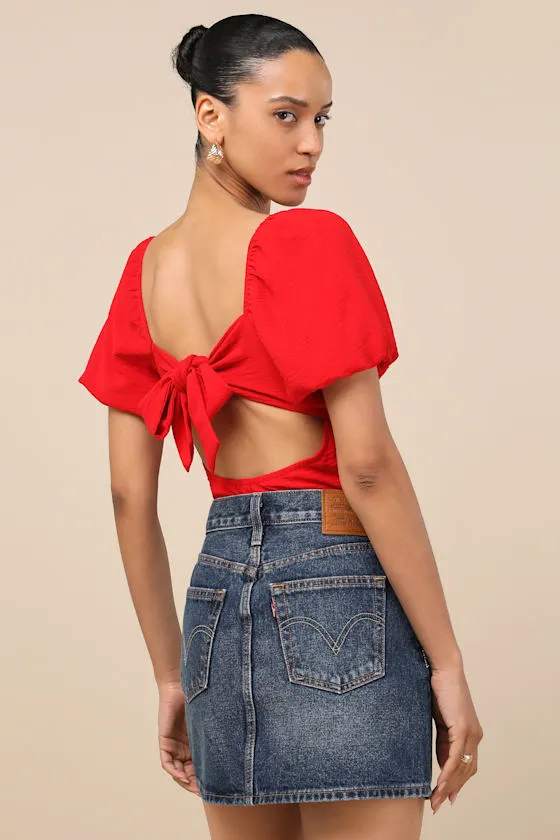 Abundance of Love Red Textured Puff Sleeve Tie-Back Bodysuit sold by Lulus product image thumbnail 2
