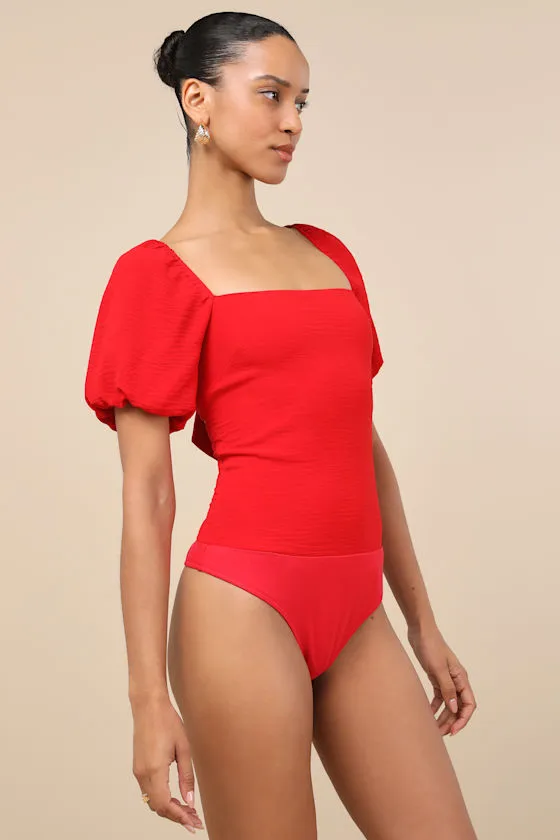 Abundance of Love Red Textured Puff Sleeve Tie-Back Bodysuit sold by Lulus product image thumbnail 4