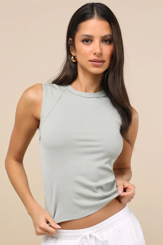 Ellette Light Sage Ribbed Raglan Seamed Tank Top sold by Lulus