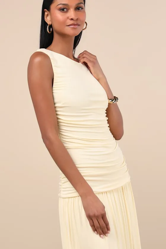 Tamber Light Yellow Jersey Knit Drop Waist Midi Dress sold by Lulus