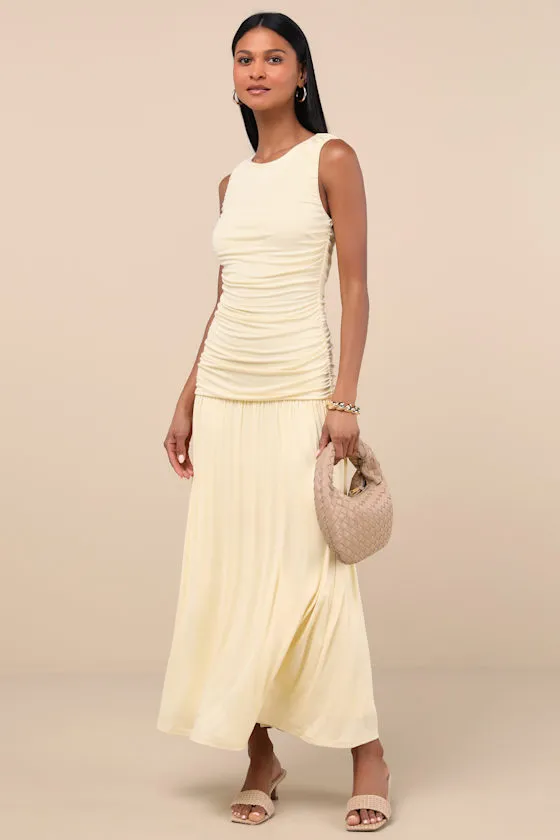 Tamber Light Yellow Jersey Knit Drop Waist Midi Dress sold by Lulus product image thumbnail 2