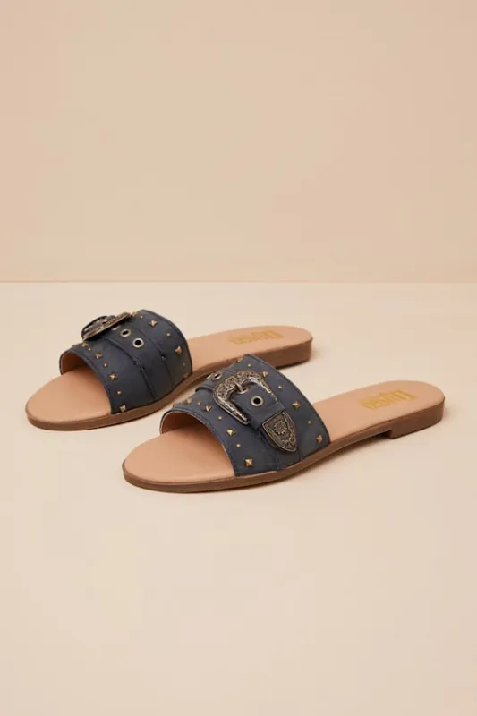 Lariat Black Leather Studded Buckle Slide Sandals sold by Lulus