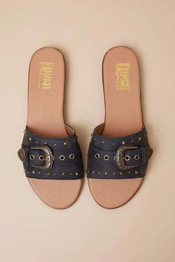 Lariat Black Leather Studded Buckle Slide Sandals sold by Lulus product image thumbnail 2