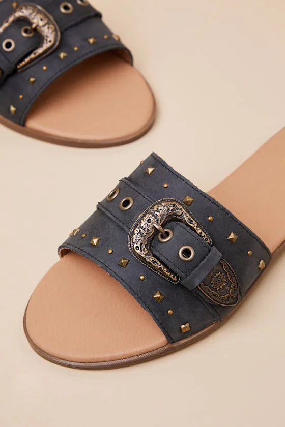 Lariat Black Leather Studded Buckle Slide Sandals sold by Lulus product image thumbnail 3