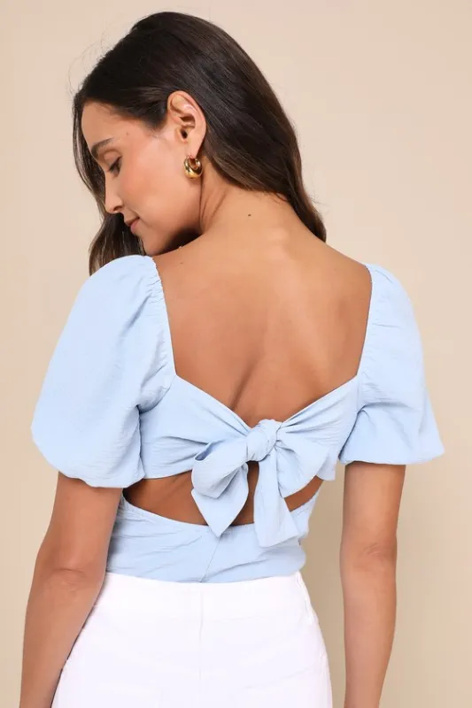 Abundance of Love Blue Textured Puff Sleeve Tie-Back Bodysuit sold by Lulus