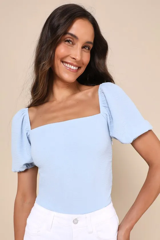 Abundance of Love Blue Textured Puff Sleeve Tie-Back Bodysuit sold by Lulus product image thumbnail 2