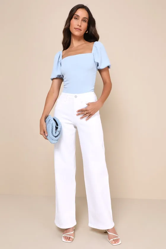 Abundance of Love Blue Textured Puff Sleeve Tie-Back Bodysuit sold by Lulus product image thumbnail 3
