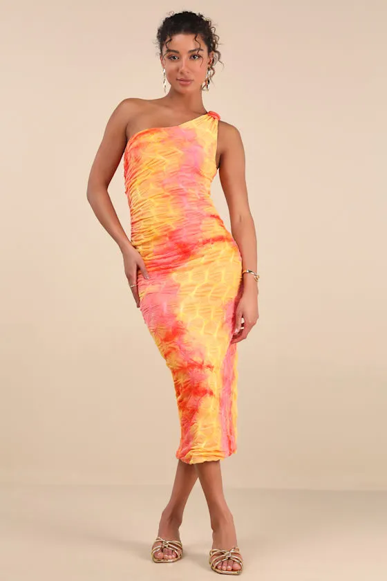 Donica Yellow Multi Tie-Dye One-Shoulder Midi Dress sold by Lulus