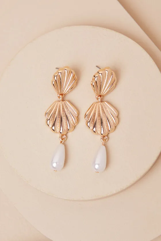Nori Gold Seashell Pearl Drop Earrings sold by Lulus