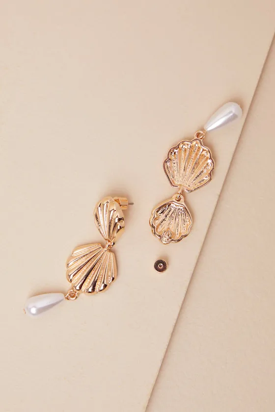 Nori Gold Seashell Pearl Drop Earrings sold by Lulus product image thumbnail 2