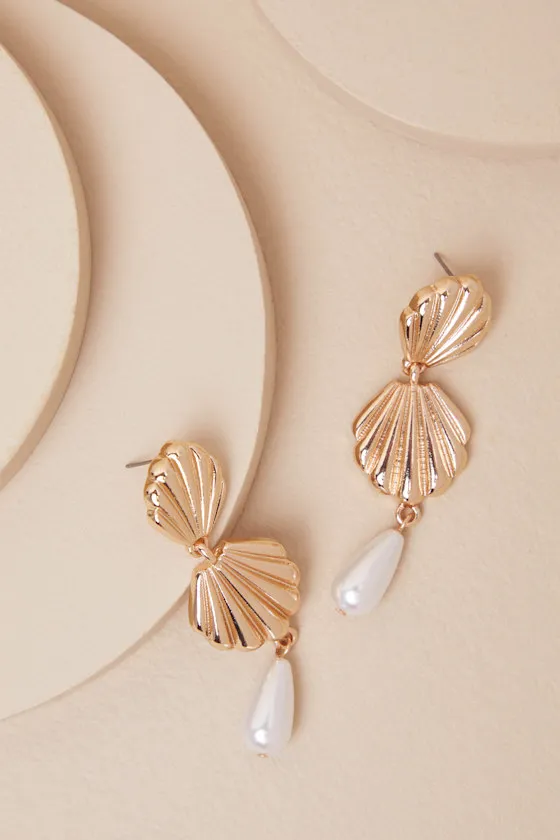 Nori Gold Seashell Pearl Drop Earrings sold by Lulus product image thumbnail 3