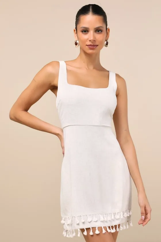 Feel the Sunshine Light Beige Linen Tassel Mini Dress sold by Lulus