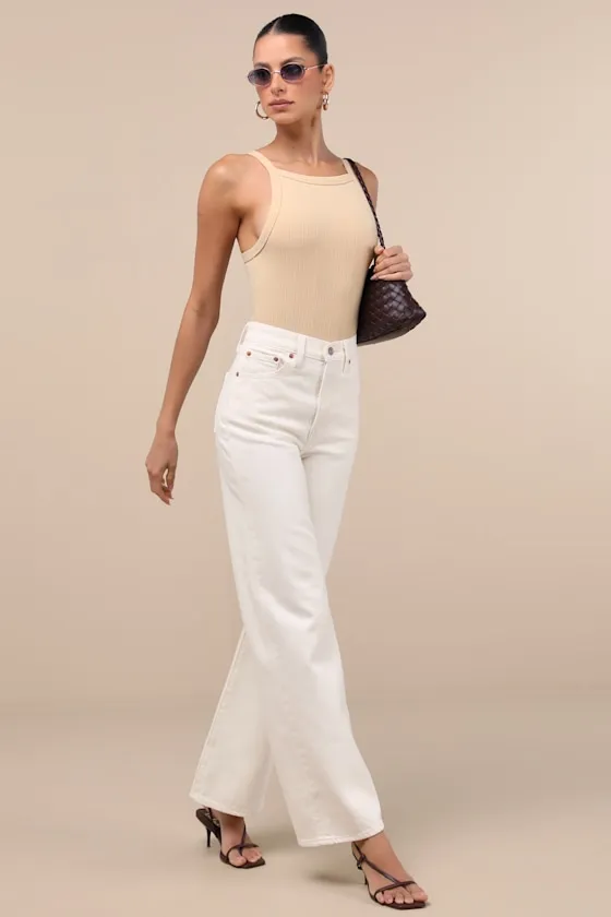 Ribcage White Wide-Leg High-Waisted Denim Jeans sold by Lulus