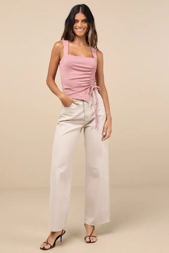 Certainly Flirty Mauve Pink Ribbed Ruched Square Neck Tank Top sold by Lulus product image thumbnail 3