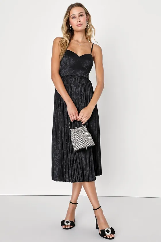 Chic Sensibility Black Satin Jacquard Pleated Midi Dress sold by Lulus