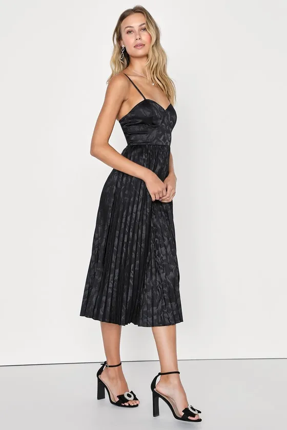 Chic Sensibility Black Satin Jacquard Pleated Midi Dress sold by Lulus product image thumbnail 3