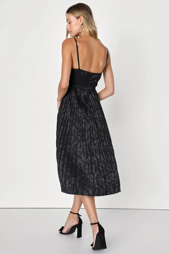 Chic Sensibility Black Satin Jacquard Pleated Midi Dress sold by Lulus product image thumbnail 4