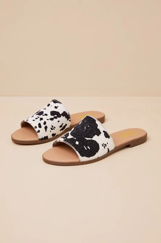 Tabby Cow Calf Hair Slide Sandals sold by Lulus