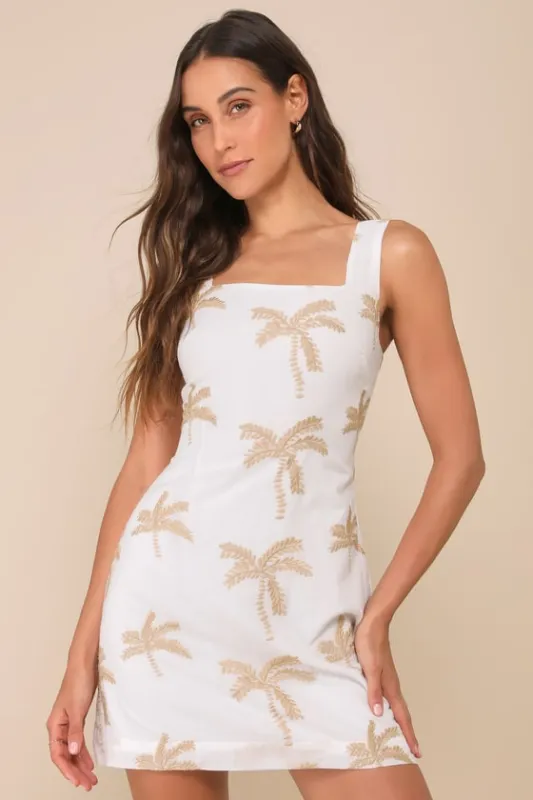 Flawlessly Breezy Ivory Palm Tree Embroidered Mini Dress sold by Lulus