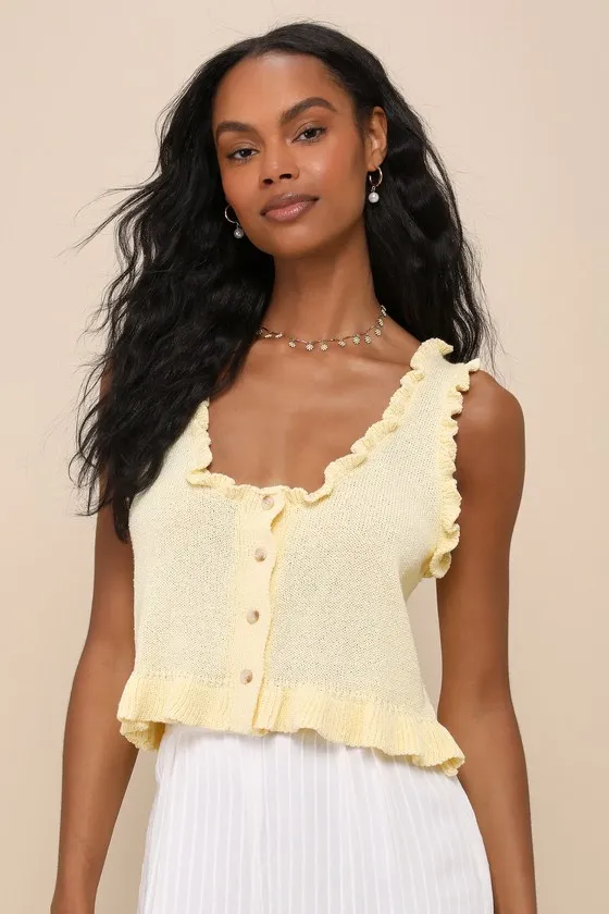 Smiling Sweetie Light Yellow Knit Ruffled Sleeveless Sweater Top sold by Lulus