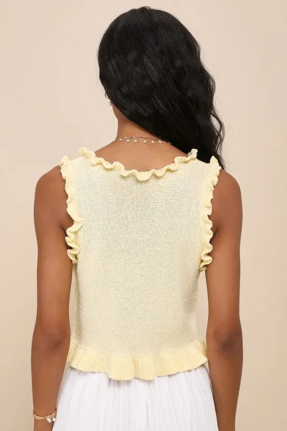 Smiling Sweetie Light Yellow Knit Ruffled Sleeveless Sweater Top sold by Lulus product image thumbnail 3