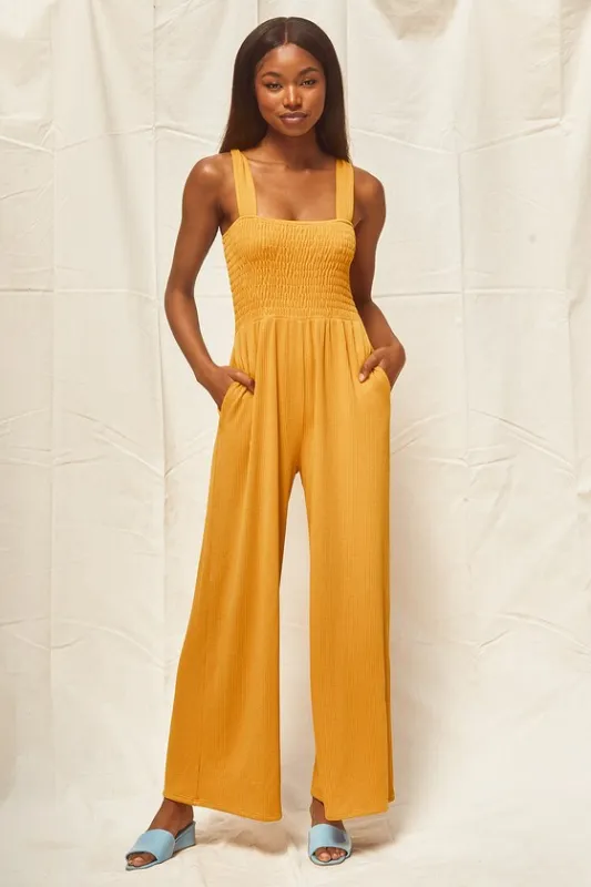 Social Calendar Mustard Yellow Ribbed Knit Wide Leg Jumpsuit sold by Lulus