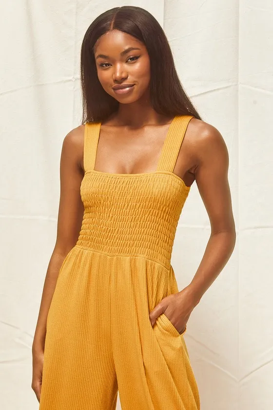 Social Calendar Mustard Yellow Ribbed Knit Wide Leg Jumpsuit sold by Lulus product image thumbnail 2
