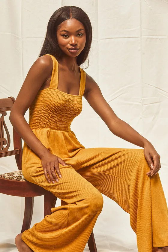 Social Calendar Mustard Yellow Ribbed Knit Wide Leg Jumpsuit sold by Lulus product image thumbnail 3