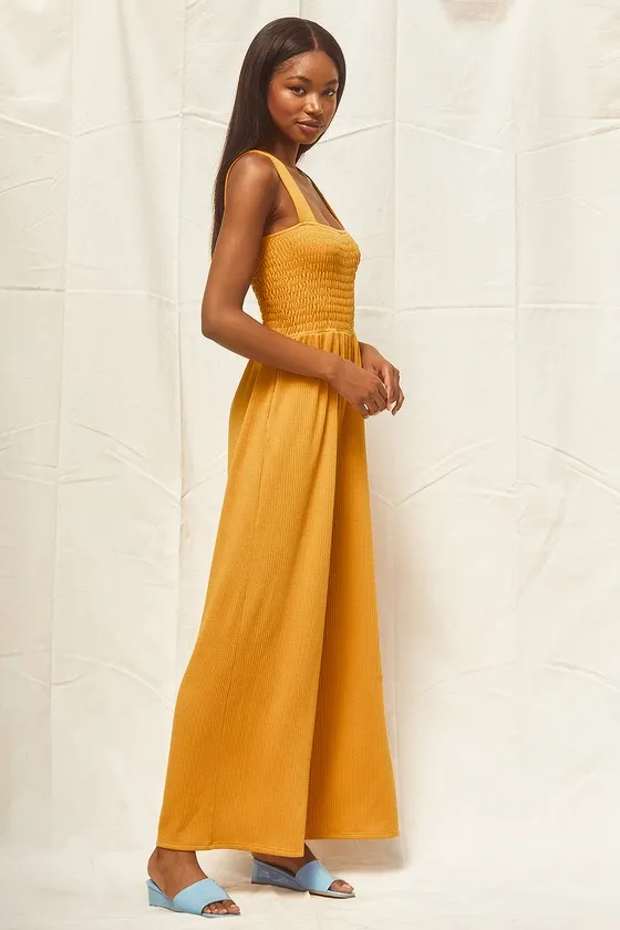 Social Calendar Mustard Yellow Ribbed Knit Wide Leg Jumpsuit sold by Lulus product image thumbnail 4