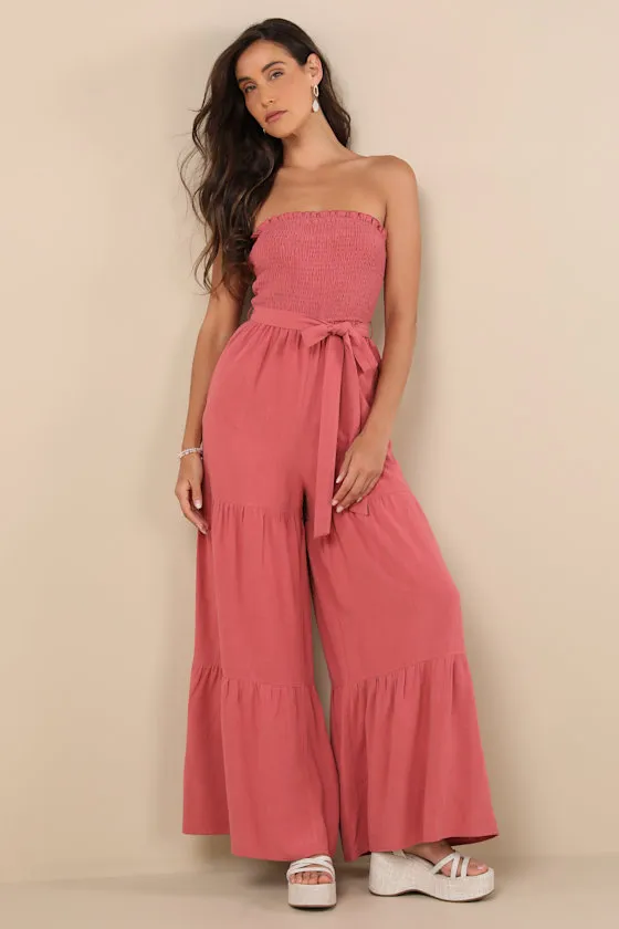 Effective Charm Rusty Rose Linen Strapless Jumpsuit sold by Lulus