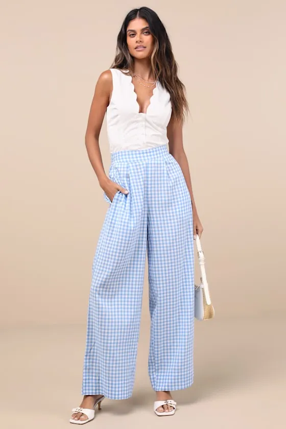 Delphine Blue and White Gingham Wide-Leg Pants sold by Lulus