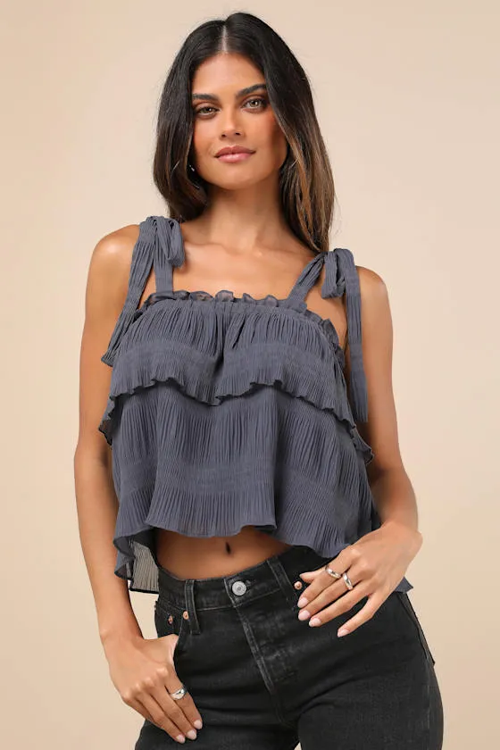 Tiers to Summer Dark Slate Blue Tie-Strap Tiered Tank Top sold by Lulus