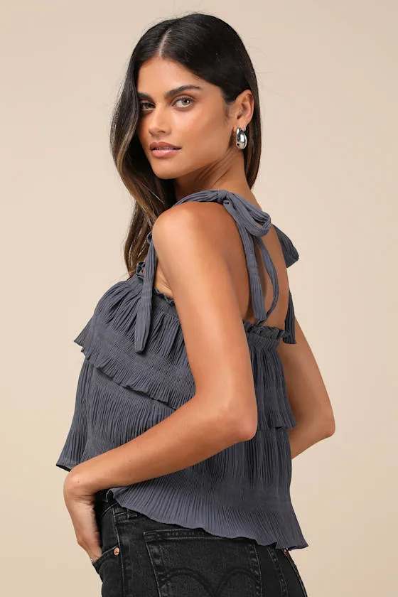 Tiers to Summer Dark Slate Blue Tie-Strap Tiered Tank Top sold by Lulus product image thumbnail 2