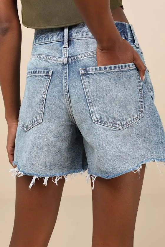 Crossroads Medium Wash Distressed Mid-Rise Cutoff Shorts sold by Lulus product image thumbnail 2