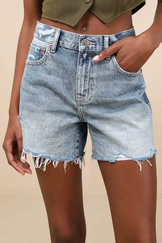 Crossroads Medium Wash Distressed Mid-Rise Cutoff Shorts sold by Lulus product image thumbnail 3