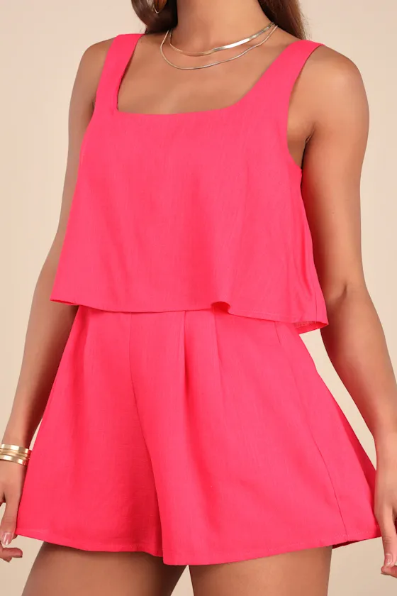 Effortless Escape Hot Pink Linen Sleeveless Flounce Romper sold by Lulus product image thumbnail 4