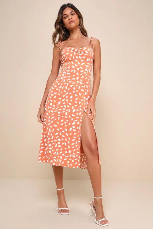 Party in Paris Light Orange Print Tie-Strap Midi Dress sold by Lulus