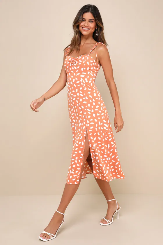 Party in Paris Light Orange Print Tie-Strap Midi Dress sold by Lulus product image thumbnail 4