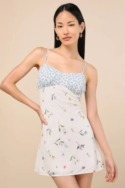 Jalexa Ivory Floral Sleeveless Mini Dress sold by Lulus